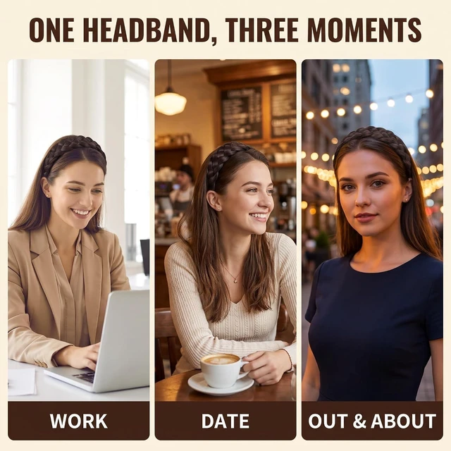 Alt view image 5 of 7 - Jowxsx Black Brown Twist Braided Headband Wig Wide-Brimmed Hair Hoop Simple Ponytail Braid Hairpiece Hairband Hair Accessories Stretch Quality Synthetic Braided Headband Women Girl Braid
