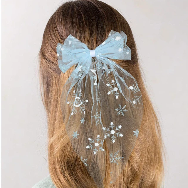 Alt view image 5 of 7 - Christmas Large Hair Bows for Women Big Bow Barrettes Accessories with Red Santa Hat Design Candy Hair Clips Big Ribbon Bows for Girls Party Supplies (snowflake 01)