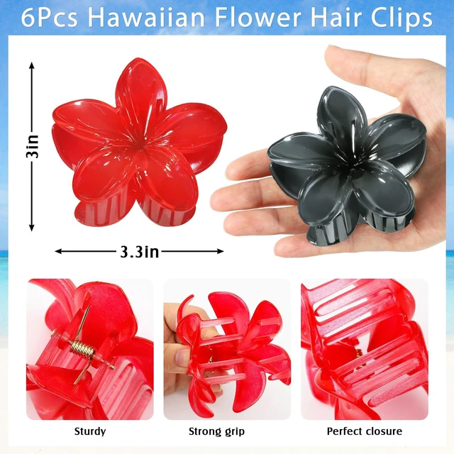 Alt view image 2 of 6 - 6Pcs Hawaiian Flower Hair Clips for Women, Plumeria Flower Claw Clips | Hawaiian Hair Accessories for Girls, Tropical Decor, Beach Essentials, Pool Vacation Wedding Outfit, Luau Party Supplies