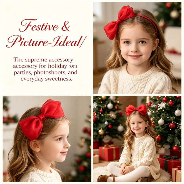 Alt view image 4 of 7 - Bnikion Red Bow Headband Lace Bowknot Headband Big Bow Ribbon Hair Hoop Cute Girls Kids Halloween Christmas Party