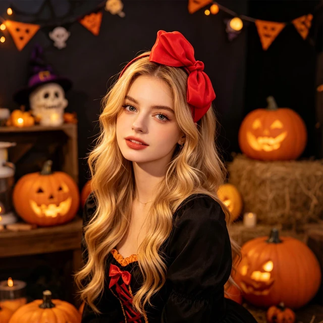Alt view image 6 of 7 - Bnikion Red Bow Headband Lace Bowknot Headband Big Bow Ribbon Hair Hoop Cute Girls Kids Halloween Christmas Party