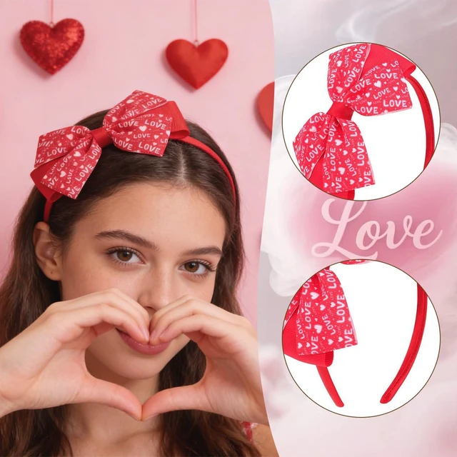 Alt view image 3 of 7 - NEWSPIED Valentine's Day Bow Headband Rose Red Cute Hair Bands with 2Pcs Heart Bow Hair Clips Set Valentines Headband for Party Favor Valentines Hair Accessories