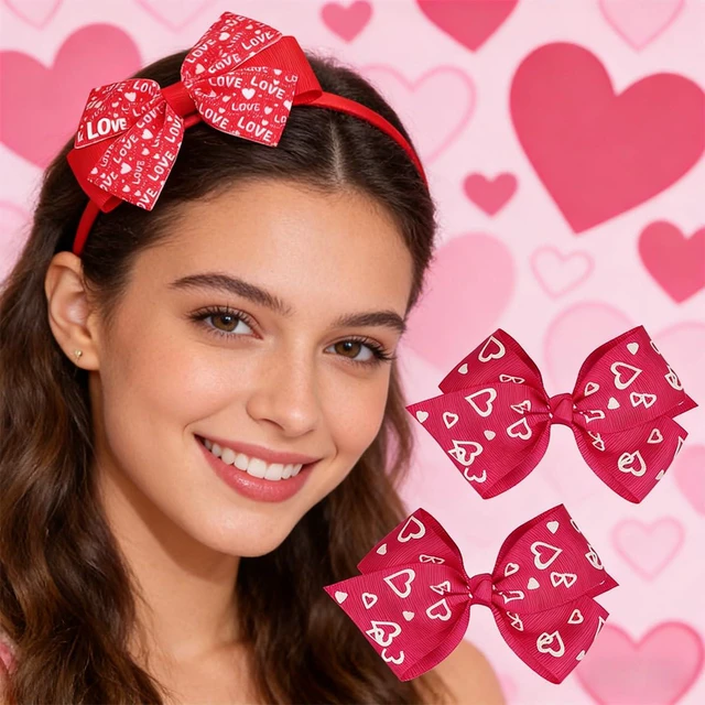 Alt view image 2 of 7 - NEWSPIED Valentine's Day Bow Headband Rose Red Cute Hair Bands with 2Pcs Heart Bow Hair Clips Set Valentines Headband for Party Favor Valentines Hair Accessories