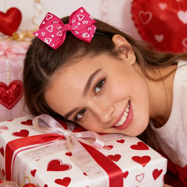Alt view image 4 of 7 - NEWSPIED Valentine's Day Bow Headband Rose Red Cute Hair Bands with 2Pcs Heart Bow Hair Clips Set Valentines Headband for Party Favor Valentines Hair Accessories