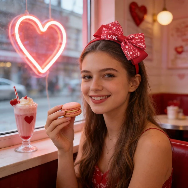 Alt view image 7 of 7 - NEWSPIED Valentine's Day Bow Headband Rose Red Cute Hair Bands with 2Pcs Heart Bow Hair Clips Set Valentines Headband for Party Favor Valentines Hair Accessories