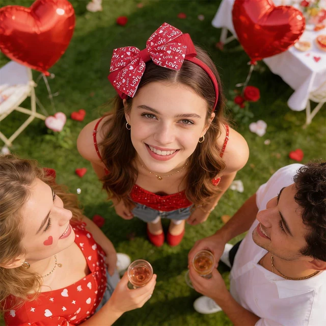 Alt view image 6 of 7 - NEWSPIED Valentine's Day Bow Headband Rose Red Cute Hair Bands with 2Pcs Heart Bow Hair Clips Set Valentines Headband for Party Favor Valentines Hair Accessories