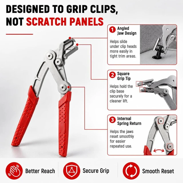 Alt view image 3 of 7 - Car Clip Pliers, Auto Clip Removal Pliers, Panel Clip Removal Tool for Automotive Plastic Fasteners, Trim Clips & Door Panel Removal, 17-4 PH Stainless Steel, Damage-Free Removal
