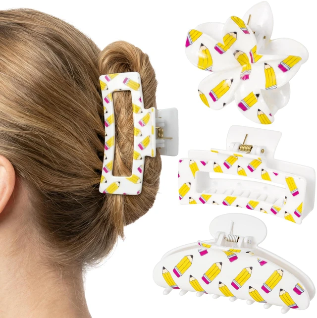 Main image of PANTIDE 3Pcs Pencil Hair Claw Clips for Women Girls - Back To School Funny Cute Yellow Pencil Rectangle Flower Banana Nonslip Acrylic Hair Clip Accessories, Teacher Appreciation Birthday Party Gift