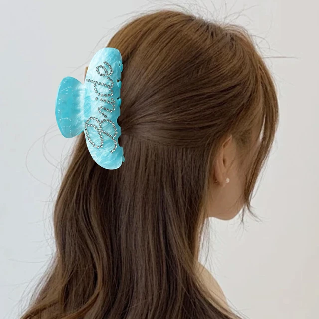 Alt view image 6 of 7 - Bride Claw Hair Clip, Bride White Acrylic Hair Clips with Rhinestone Logo, Bachelorette Party Wedding Birthday Banana Barrettes Hair Decorations for Girl, Trendy Bridal Claws (Blue)