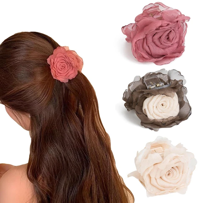 Main image of Agirlvct 3 Pack Flower Hair Clip Medium, Small Rose Claw Clips for High Ponytail,Hair Clips Travel Beach Holiday Birthday Gift for Mother Girl Thick Thin Long Hair(Pink Gray-white White)