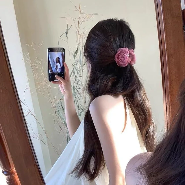 Alt view image 2 of 5 - Agirlvct 3 Pack Flower Hair Clip Medium, Small Rose Claw Clips for High Ponytail,Hair Clips Travel Beach Holiday Birthday Gift for Mother Girl Thick Thin Long Hair(Pink Gray-white White)