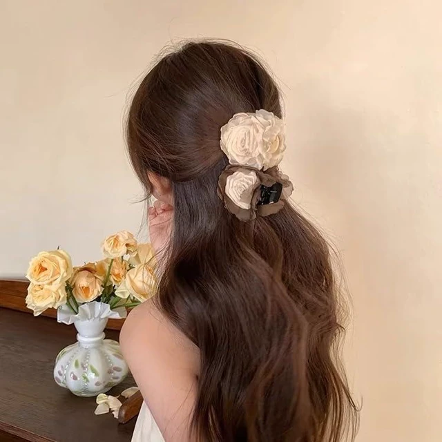Alt view image 3 of 5 - Agirlvct 3 Pack Flower Hair Clip Medium, Small Rose Claw Clips for High Ponytail,Hair Clips Travel Beach Holiday Birthday Gift for Mother Girl Thick Thin Long Hair(Pink Gray-white White)