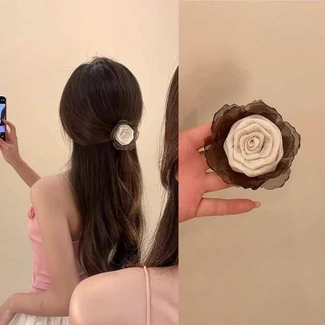 Alt view image 4 of 5 - Agirlvct 3 Pack Flower Hair Clip Medium, Small Rose Claw Clips for High Ponytail,Hair Clips Travel Beach Holiday Birthday Gift for Mother Girl Thick Thin Long Hair(Pink Gray-white White)