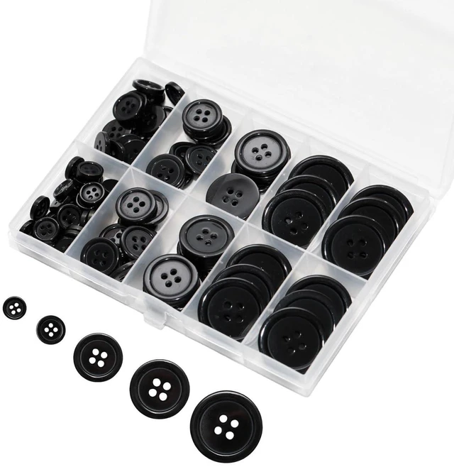 Main image of Lilaly Black Sewing Buttons, 100 pcs, 5 Sizes Round Buttons for Clothes | 100 round black resin sewing buttons in 5 sizes, from 0.39 to 1 in, with 4 holes for clothes, mending, and DIY crafts.