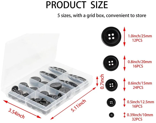 Alt view image 2 of 6 - Lilaly Black Sewing Buttons, 100 pcs, 5 Sizes Round Buttons for Clothes | 100 round black resin sewing buttons in 5 sizes, from 0.39 to 1 in, with 4 holes for clothes, mending, and DIY crafts.