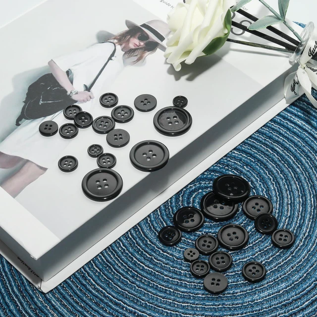 Alt view image 5 of 6 - Lilaly Black Sewing Buttons, 100 pcs, 5 Sizes Round Buttons for Clothes | 100 round black resin sewing buttons in 5 sizes, from 0.39 to 1 in, with 4 holes for clothes, mending, and DIY crafts.