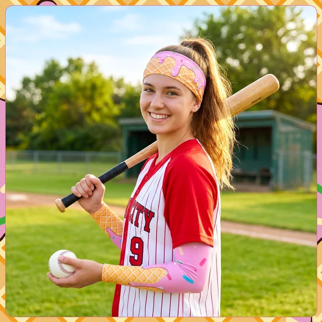 Alt view image 7 of 7 - 3 Set/6 Pcs Ice Cream Baseball Headbands and Arm Sleeves | UV Protection Cooling Sleeve for Youth Teen Adult Football Basketball Gym Party Favors