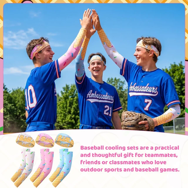 Alt view image 5 of 7 - 3 Set/6 Pcs Ice Cream Baseball Headbands and Arm Sleeves | UV Protection Cooling Sleeve for Youth Teen Adult Football Basketball Gym Party Favors