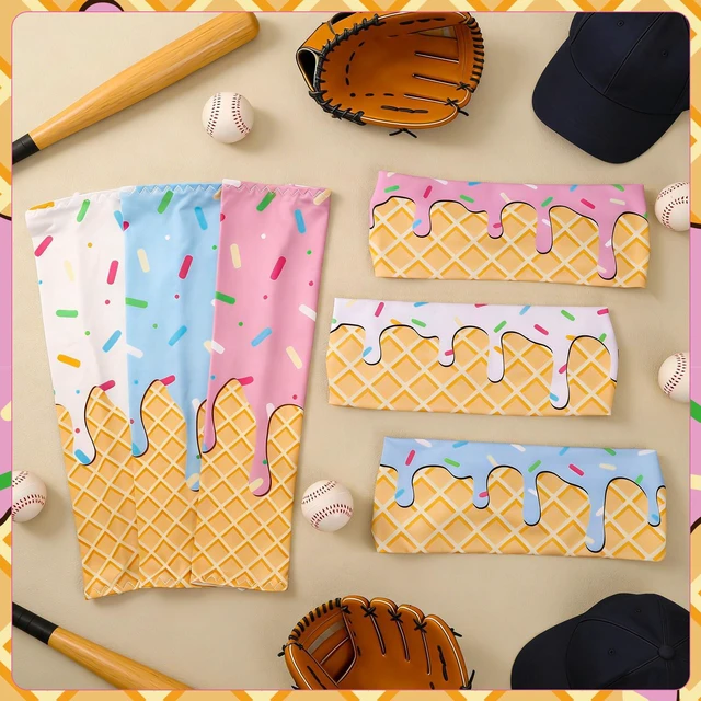 Alt view image 6 of 7 - 3 Set/6 Pcs Ice Cream Baseball Headbands and Arm Sleeves | UV Protection Cooling Sleeve for Youth Teen Adult Football Basketball Gym Party Favors