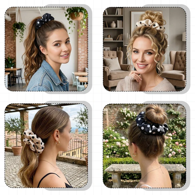 Alt view image 4 of 7 - 2PCS Large Scrunchies for Women, Polka Dot Oversized Scrunchies for Thick Hair, Elastic Jumbo Scrunchie Ponytail Holders for Girls Black and Beige