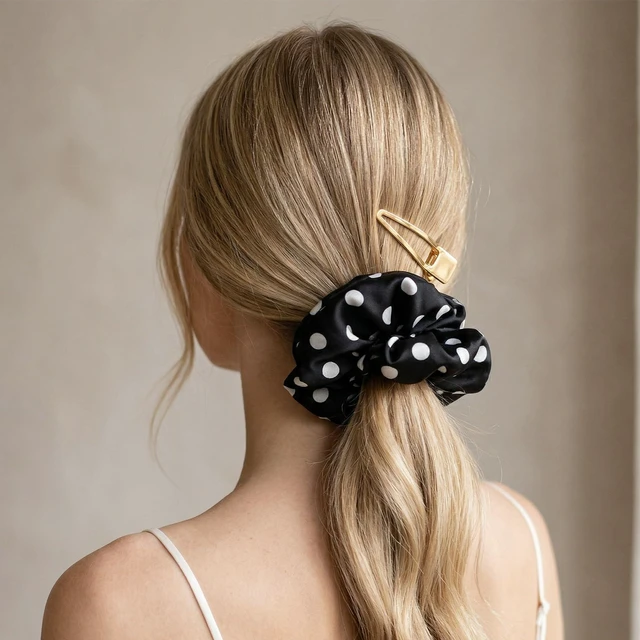 Alt view image 5 of 7 - 2PCS Large Scrunchies for Women, Polka Dot Oversized Scrunchies for Thick Hair, Elastic Jumbo Scrunchie Ponytail Holders for Girls Black and Beige