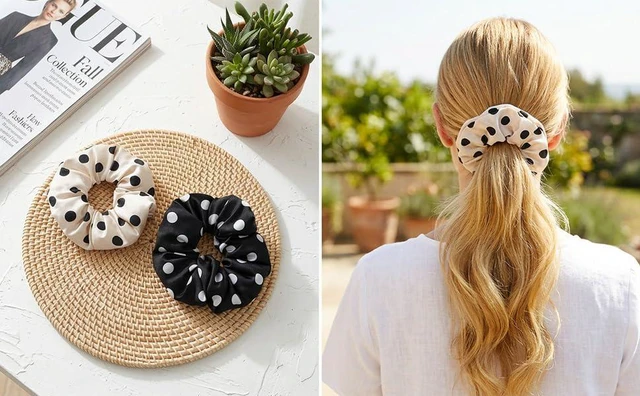 Alt view image 6 of 7 - 2PCS Large Scrunchies for Women, Polka Dot Oversized Scrunchies for Thick Hair, Elastic Jumbo Scrunchie Ponytail Holders for Girls Black and Beige