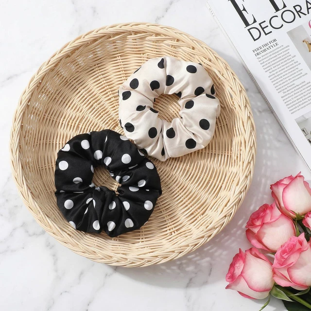 Alt view image 7 of 7 - 2PCS Large Scrunchies for Women, Polka Dot Oversized Scrunchies for Thick Hair, Elastic Jumbo Scrunchie Ponytail Holders for Girls Black and Beige