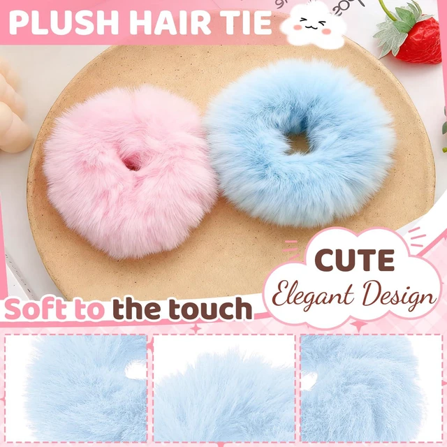 Alt view image 3 of 7 - 4PCS Pom-Pom Hair Ties,Bright Pink Soft Furry Faux Rabbit Fur Fuzzy Scrunchies,Fluffy Ponytail Holders,Rope Wristband,Hair Ring,Fur Hair Accessories for Girls Women (Pink)
