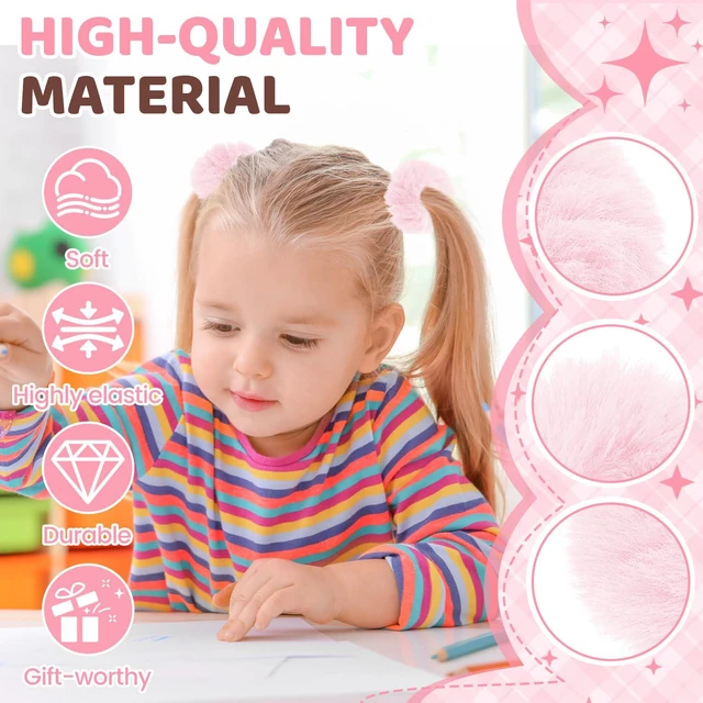 Alt view image 4 of 7 - 4PCS Pom-Pom Hair Ties,Bright Pink Soft Furry Faux Rabbit Fur Fuzzy Scrunchies,Fluffy Ponytail Holders,Rope Wristband,Hair Ring,Fur Hair Accessories for Girls Women (Pink)