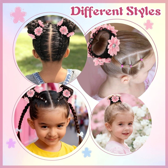 Alt view image 4 of 7 - 2PCS Pink Rhinestone Flower Fake Hair Scrunchies No Damage for Girls | Fake Elastic Hair Ties with Floral Design, Soft & Stretchy Ponytail Holders for Thick Thin Hair, Rhinestone Flower Decor
