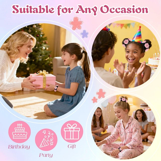 Alt view image 5 of 7 - 2PCS Pink Rhinestone Flower Fake Hair Scrunchies No Damage for Girls | Fake Elastic Hair Ties with Floral Design, Soft & Stretchy Ponytail Holders for Thick Thin Hair, Rhinestone Flower Decor
