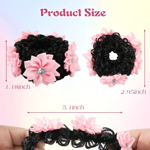 Alt view image 6 of 7 - 2PCS Pink Rhinestone Flower Fake Hair Scrunchies No Damage for Girls | Fake Elastic Hair Ties with Floral Design, Soft & Stretchy Ponytail Holders for Thick Thin Hair, Rhinestone Flower Decor