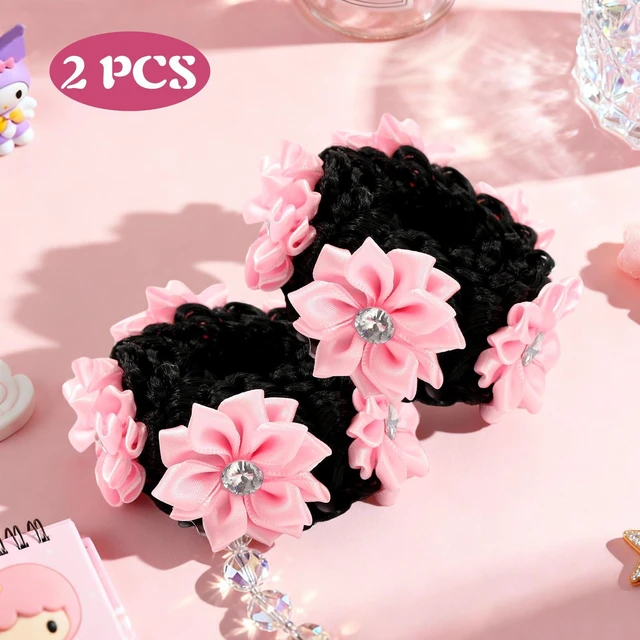 Alt view image 7 of 7 - 2PCS Pink Rhinestone Flower Fake Hair Scrunchies No Damage for Girls | Fake Elastic Hair Ties with Floral Design, Soft & Stretchy Ponytail Holders for Thick Thin Hair, Rhinestone Flower Decor