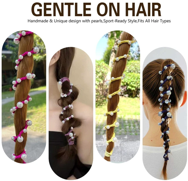 Alt view image 2 of 6 - Hair Ties for Women No Hook, 25" Hand Braided Pearl Ponytail Holders Soft Pony Tail Wrap for Sports,Workouts,Daily Use,Swim,Beach, No-Damage Hair Accessories Hair Accessories (Steel Blue)