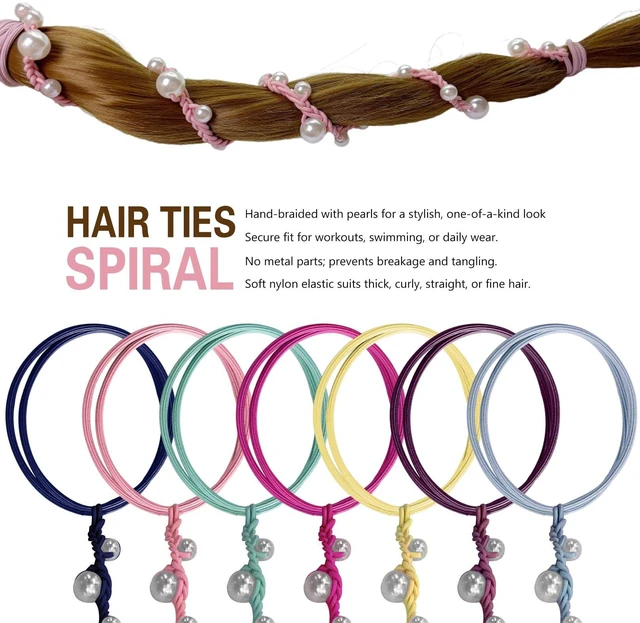 Alt view image 3 of 6 - Hair Ties for Women No Hook, 25" Hand Braided Pearl Ponytail Holders Soft Pony Tail Wrap for Sports,Workouts,Daily Use,Swim,Beach, No-Damage Hair Accessories Hair Accessories (Steel Blue)
