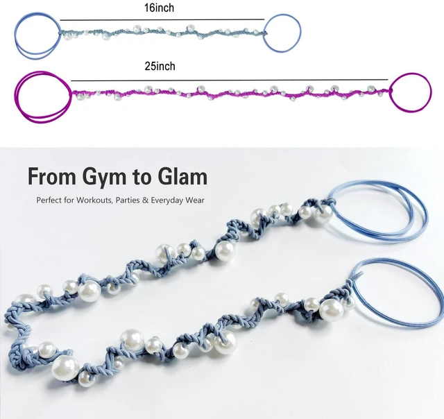 Alt view image 4 of 6 - Hair Ties for Women No Hook, 25" Hand Braided Pearl Ponytail Holders Soft Pony Tail Wrap for Sports,Workouts,Daily Use,Swim,Beach, No-Damage Hair Accessories Hair Accessories (Steel Blue)