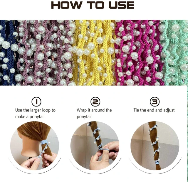 Alt view image 5 of 6 - Hair Ties for Women No Hook, 25" Hand Braided Pearl Ponytail Holders Soft Pony Tail Wrap for Sports,Workouts,Daily Use,Swim,Beach, No-Damage Hair Accessories Hair Accessories (Steel Blue)