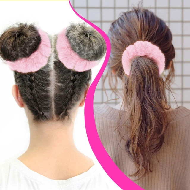 Alt view image 3 of 7 - PEOVLVN 2 Pcs Pink Scrunchies, Pom Pom Hair Ties Fuzzy Scrunchies | Faux Rabbit Fur Fluffy Ponytail Holders Pink Hair Accessories for Girls Women Halloween Costume