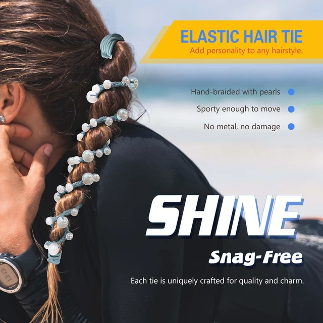 Alt view image 6 of 6 - Hair Ties for Women No Hook, 25" Hand Braided Pearl Ponytail Holders Soft Pony Tail Wrap for Sports,Workouts,Daily Use,Swim,Beach, No-Damage Hair Accessories Hair Accessories (Steel Blue)