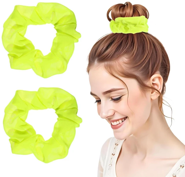 Main image of 2Pcs 80s Neon Scrunchies Soft Hair ScrunchiesNeon Hair Accessories Elastic Hair Bands Hair Ties Ponytail Holders Yellow Scrunchy Hair Bands for Women 80s Party Outfits(Yellow)