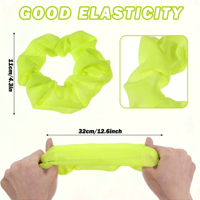 Alt view image 3 of 7 - 2Pcs 80s Neon Scrunchies Soft Hair ScrunchiesNeon Hair Accessories Elastic Hair Bands Hair Ties Ponytail Holders Yellow Scrunchy Hair Bands for Women 80s Party Outfits(Yellow)