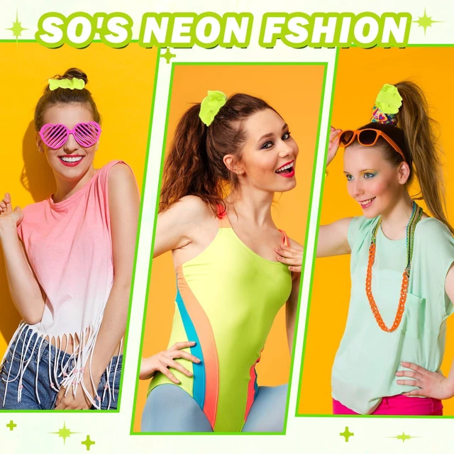 Alt view image 2 of 7 - 2Pcs 80s Neon Scrunchies Soft Hair ScrunchiesNeon Hair Accessories Elastic Hair Bands Hair Ties Ponytail Holders Yellow Scrunchy Hair Bands for Women 80s Party Outfits(Yellow)