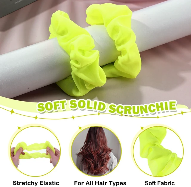 Alt view image 4 of 7 - 2Pcs 80s Neon Scrunchies Soft Hair ScrunchiesNeon Hair Accessories Elastic Hair Bands Hair Ties Ponytail Holders Yellow Scrunchy Hair Bands for Women 80s Party Outfits(Yellow)