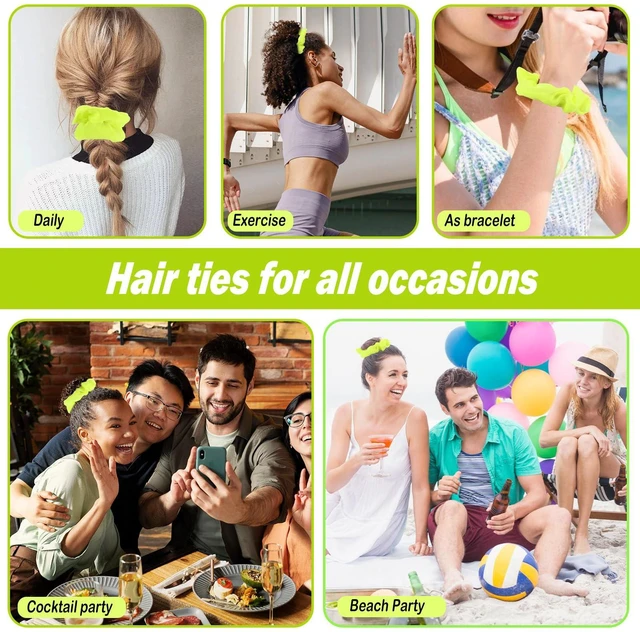 Alt view image 5 of 7 - 2Pcs 80s Neon Scrunchies Soft Hair ScrunchiesNeon Hair Accessories Elastic Hair Bands Hair Ties Ponytail Holders Yellow Scrunchy Hair Bands for Women 80s Party Outfits(Yellow)