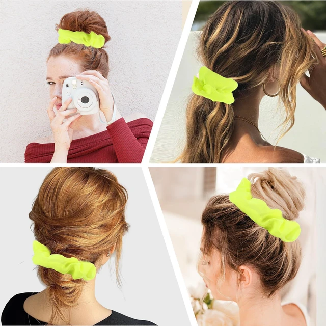 Alt view image 6 of 7 - 2Pcs 80s Neon Scrunchies Soft Hair ScrunchiesNeon Hair Accessories Elastic Hair Bands Hair Ties Ponytail Holders Yellow Scrunchy Hair Bands for Women 80s Party Outfits(Yellow)