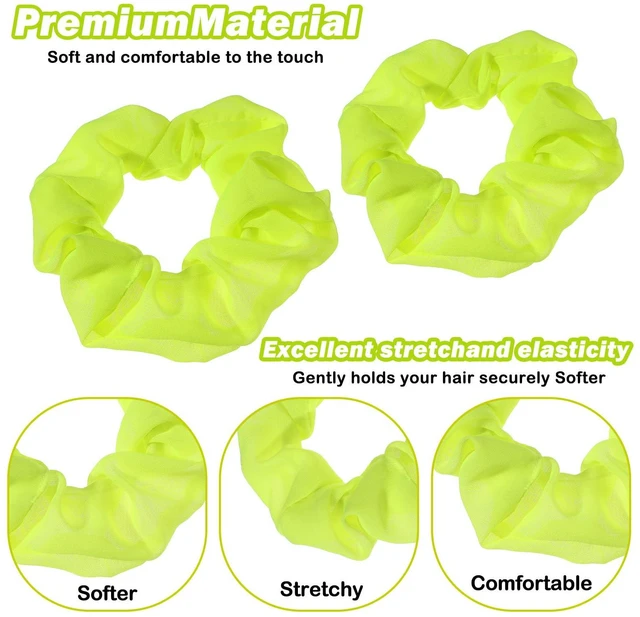 Alt view image 7 of 7 - 2Pcs 80s Neon Scrunchies Soft Hair ScrunchiesNeon Hair Accessories Elastic Hair Bands Hair Ties Ponytail Holders Yellow Scrunchy Hair Bands for Women 80s Party Outfits(Yellow)