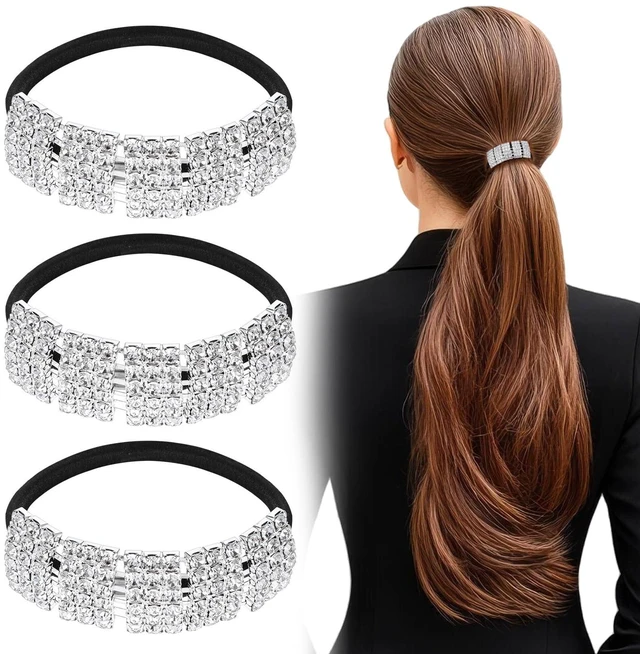 Main image of 3pcs Pony Tails Hair Ties, Crystal Ponytail Holders, Hair Ties, Silver | Sparkly Rhinestone, Elastic Scrunchies, for Thin Thick Hair, Rhinestone Hair Accessories, for Women Girls