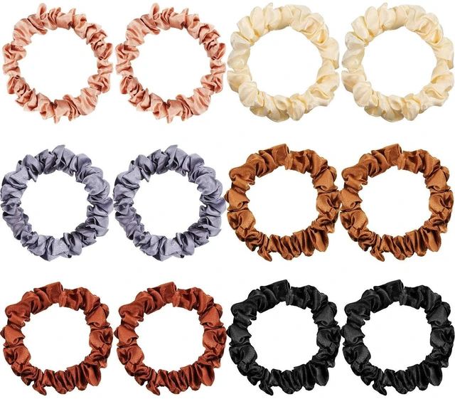 Main image of 12 Pcs Small Satin Scrunchies Bulk Silk Hair Ties for Women, Multicolor | Mini Scrunchy, Thin Hair Bands, Skinny Ponytail Holders, Suitable for Thick Curly Ponytails Wrist Decor