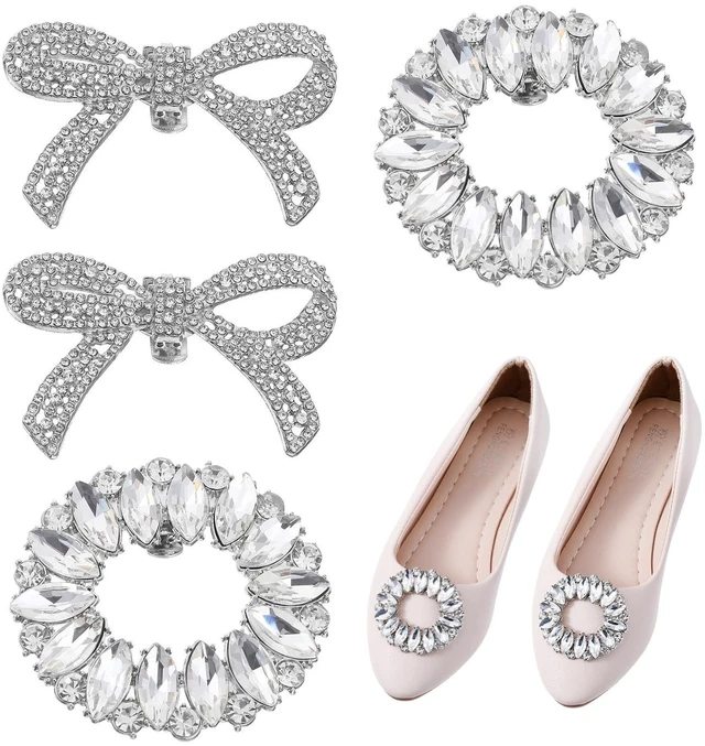 Main image of Sorcristy 4 PCS Rhinestone Bow Shoe Clips for Women, Silver Crystal Bow Clips on Heels, Detachable Shoe Charms Decorations for High Heels Wedding Bridal Prom Party