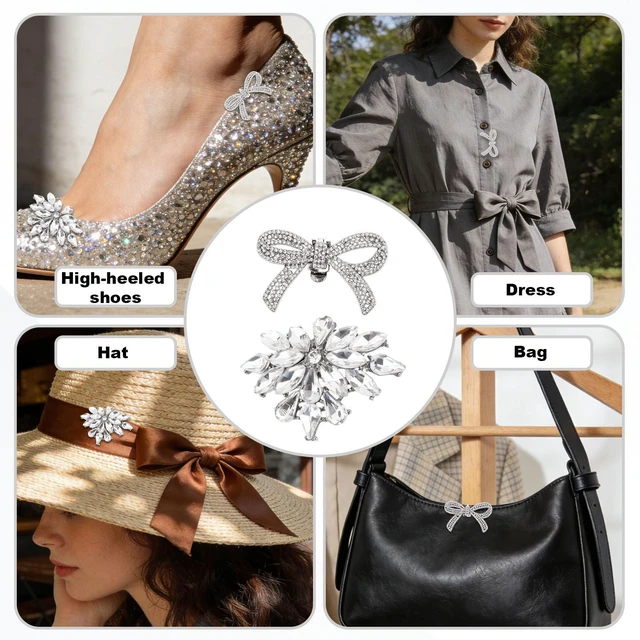 Alt view image 6 of 7 - Fukaisu 4pcs Rhinestone Shoe Clip, 2 Style Flower Shoe Clips Detachable Rhinestone Bow Heels Accessories for Women Heels Dress Shoes
